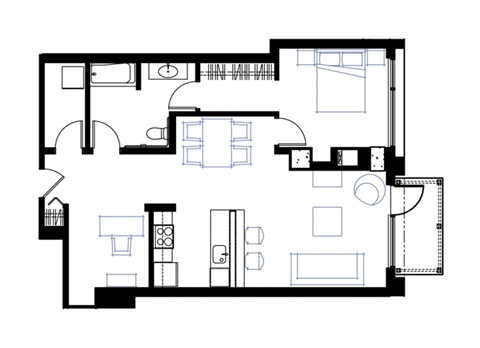Floor plan for 1 bed, 1 bath, 890 sqft